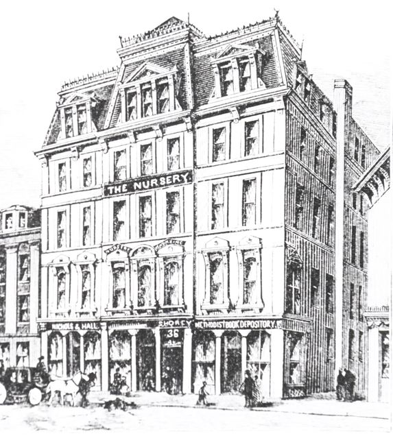 A black and white illustration of a five-story building at 36 Bromfield Street, Boston, BU Law's first home
